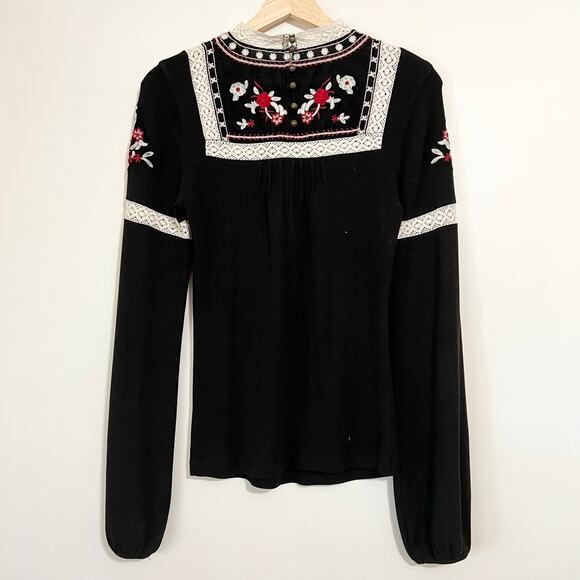 Free People Cozy On Up Embroidered Long Bubble Sleeve Top Black | M - Picture 8 of 10